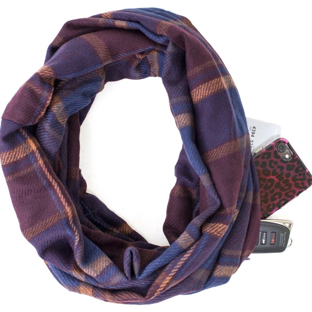 Purple-Blue Plaid Infinity Scarf with Hidden Zipper Pocket Scarf